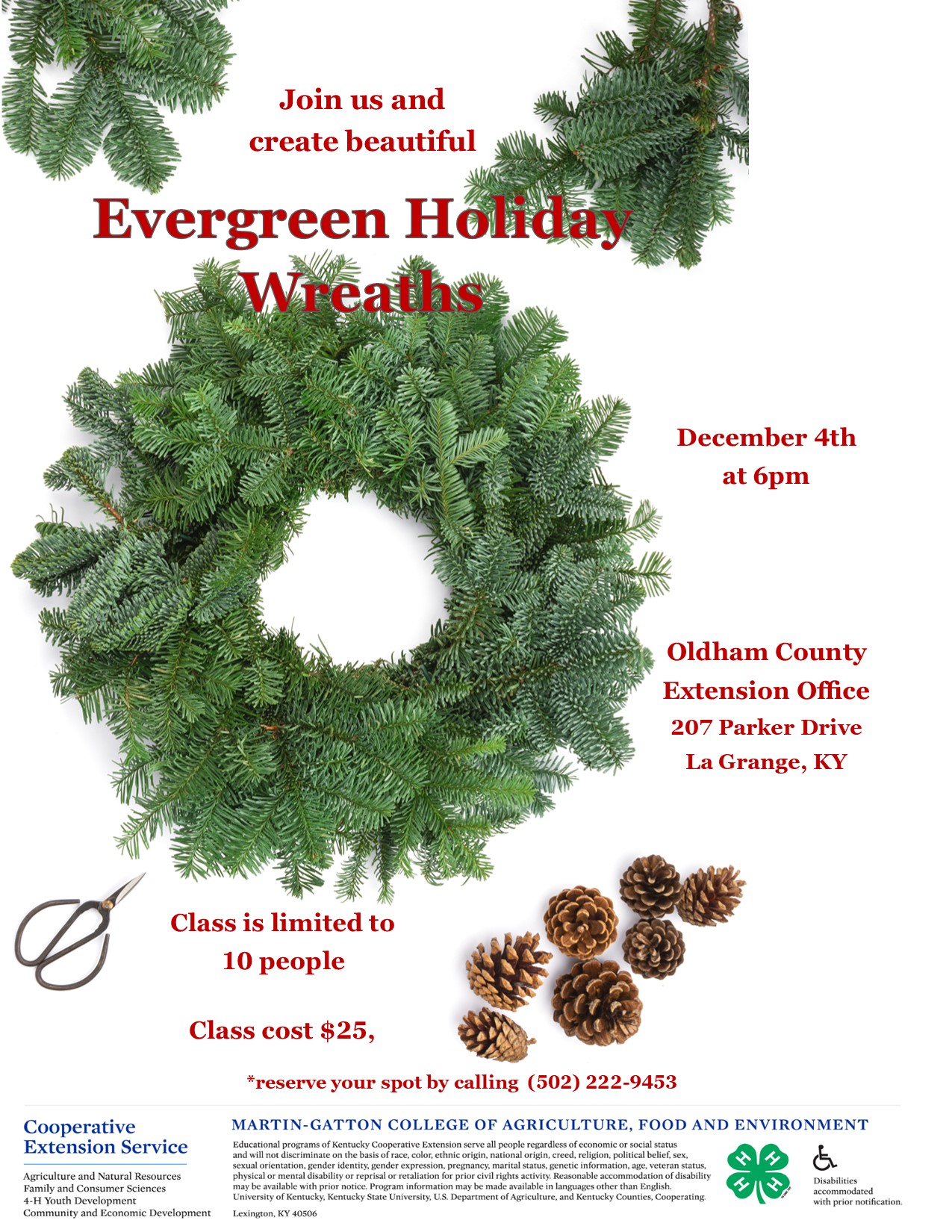 Evergreen wreaths, pine cones and scissors