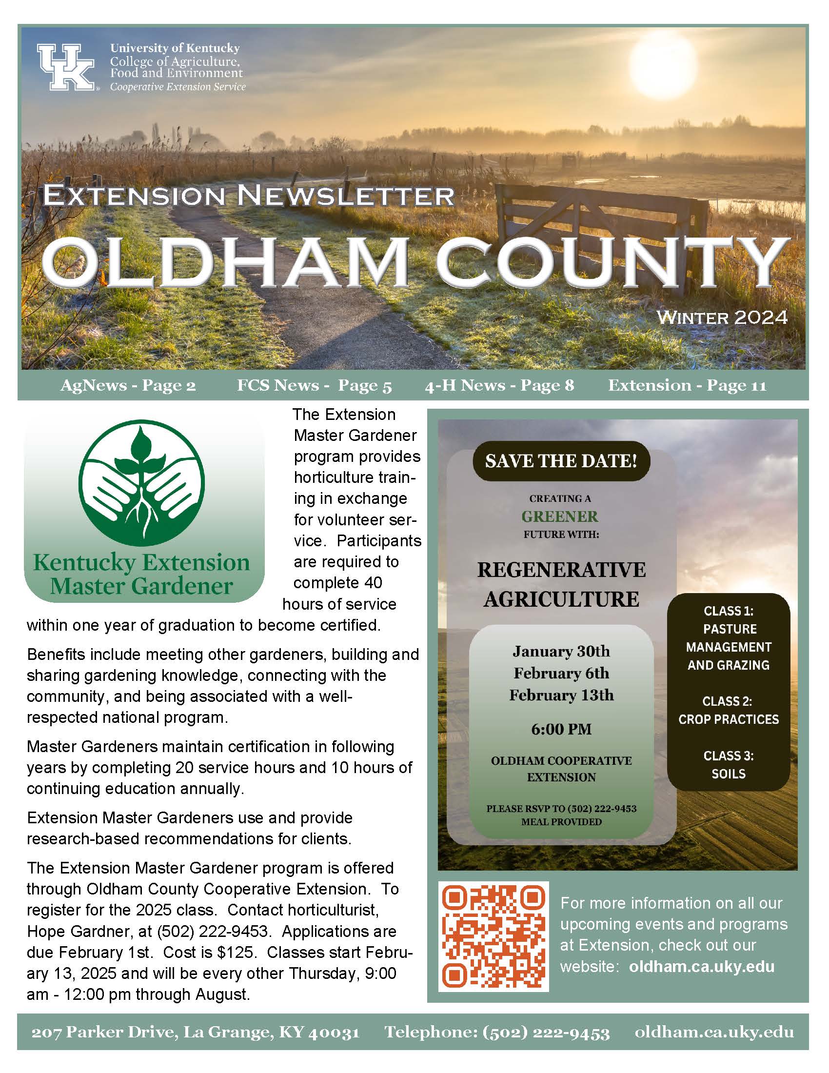 Winter newsletter cover with frosted farm ground